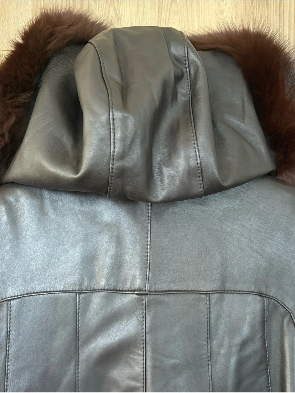 Vintage Leather Coat Womens M Brown Lamb Leather Fur Trim Hood Made Canada Long - Picture 7 of 15